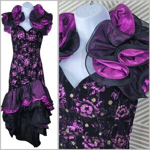 Vintage 80s Velvet Taffeta Formal Dress 0 2 XS Ruffle Ball Gown Long Prom Purple